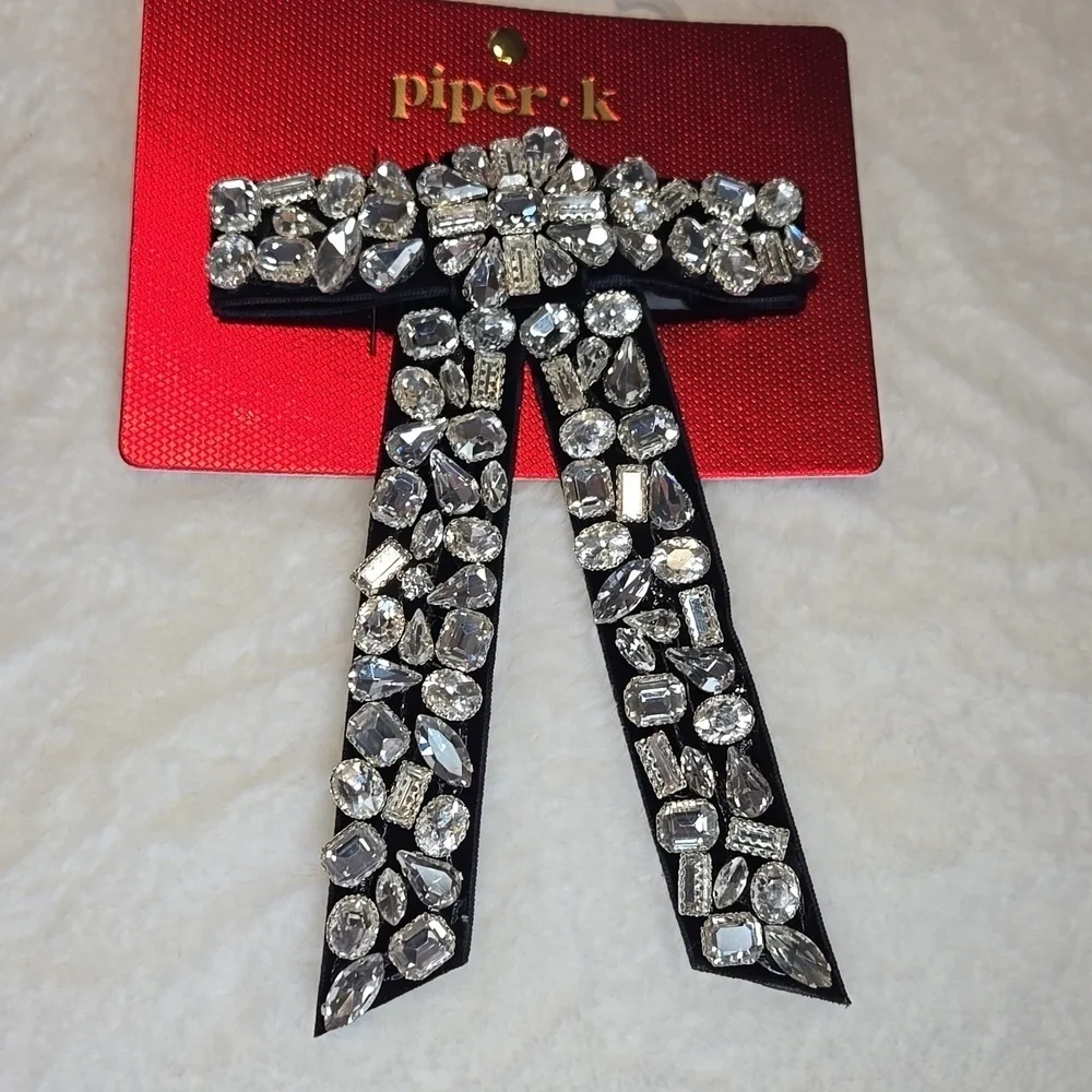 Piper K Black Satin Bow with Crystals Barrette Wedding Formal